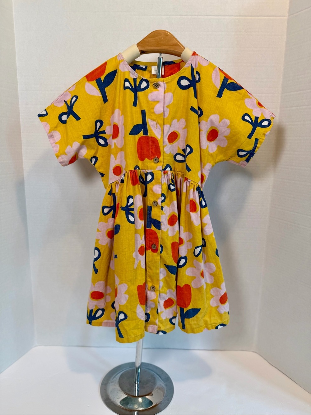next Yellow Floral Button-Front Kids Dress with Navy Accents